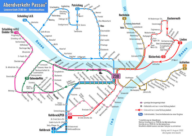 Linienplan Abendverkehr Stadtwerke Passau
