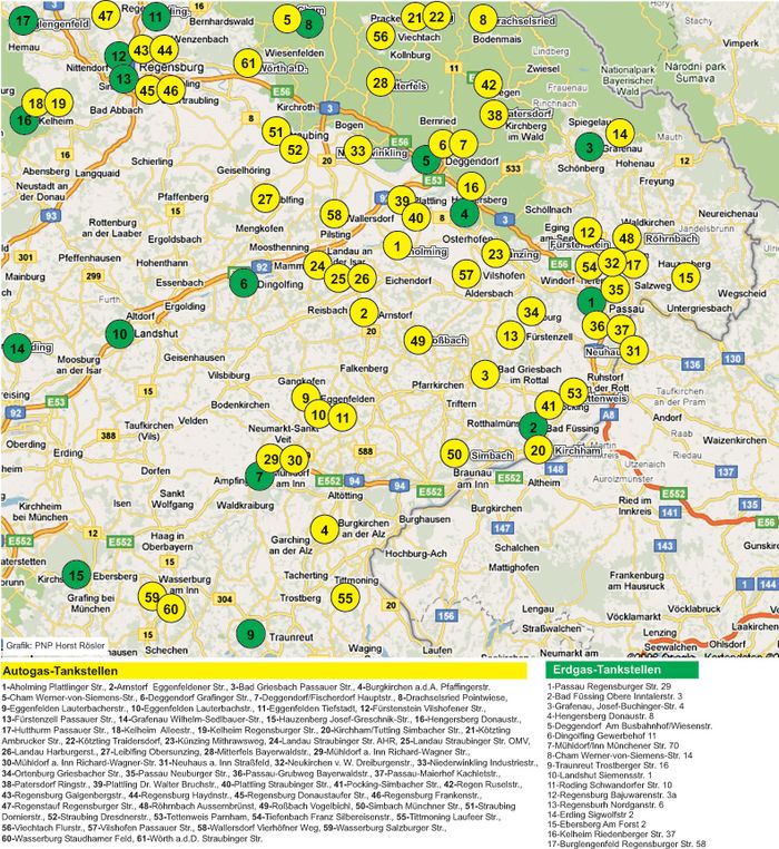 Gas-Tankstellen in Niederbayern und Teilen Oberbayerns. Graphik: PNP